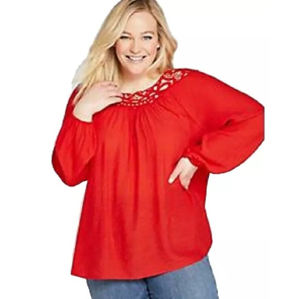 Lane Bryant Red Rouge Lace Crochet Neckline Long Sleeves Size 22/24